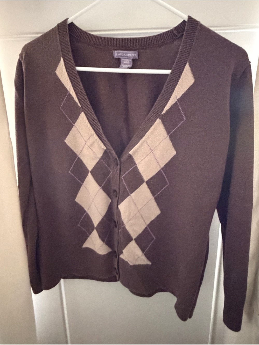 Laura Scott Argyle Cardigan Women's Brown Sweater Size L